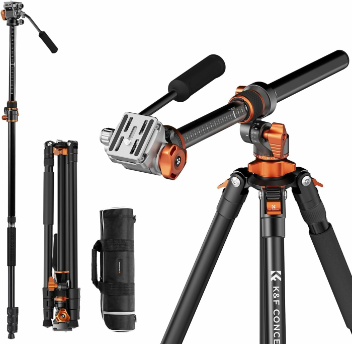 Kamera Stativ,K&F CONCEPT Videostativ Video Tripod mit Fluidkopf,231cm Stativ mit 90° Mittelsäule und Abnehmbarem Einbeinstativ, Aluminium Reisestativ T254A7+FH-03 für DSLR, Camcorder, Kameras 231 cm / Aluminium / 5 kg Fluidkopf Angebot bei HelloDeals