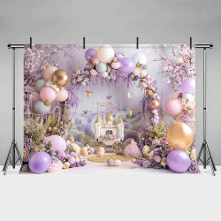 MEHOFOND Fotohintergrund für Mädchen, 2,1 x 1,5 m, Violett, Blumenmuster, Pastellballonbogen, Kutsche, Schmetterlingshintergrund, Babyparty, Kuchen, Zerschlagen, Prinzessin, Geburtstagsparty, Angebot bei HelloDeals