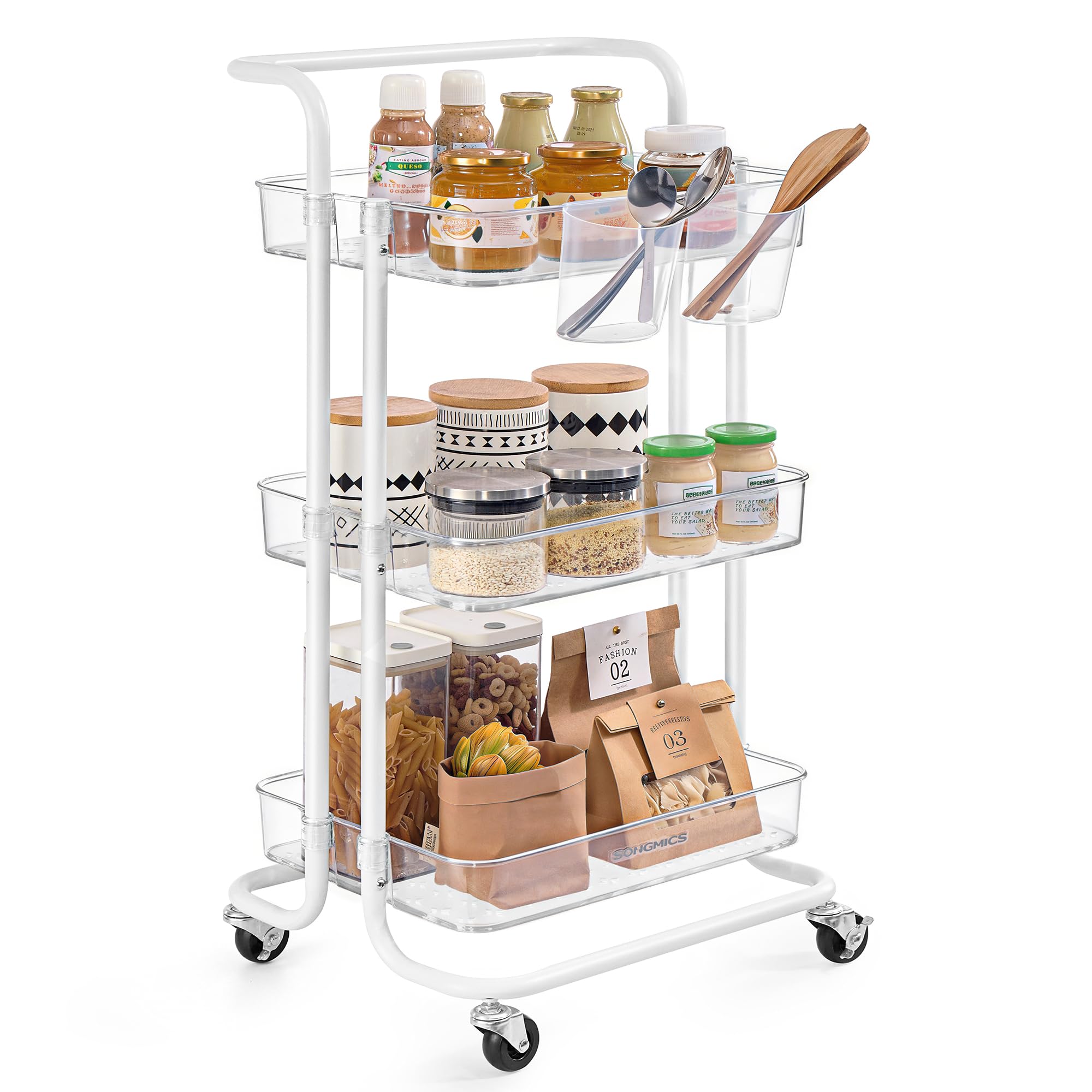 SONGMICS Rollwagen, 3 Ebenen, Servierwagen, Küchenwagen mit Griff, 2 kleine Einhängefächer, 2 Bremsen, Ablagefächer aus Kunststoff, einfacher Aufbau, Schlafzimmer, weiß-transparent BSC067W03 3 Levels Weiß + Transparent Angebot bei HelloDeals