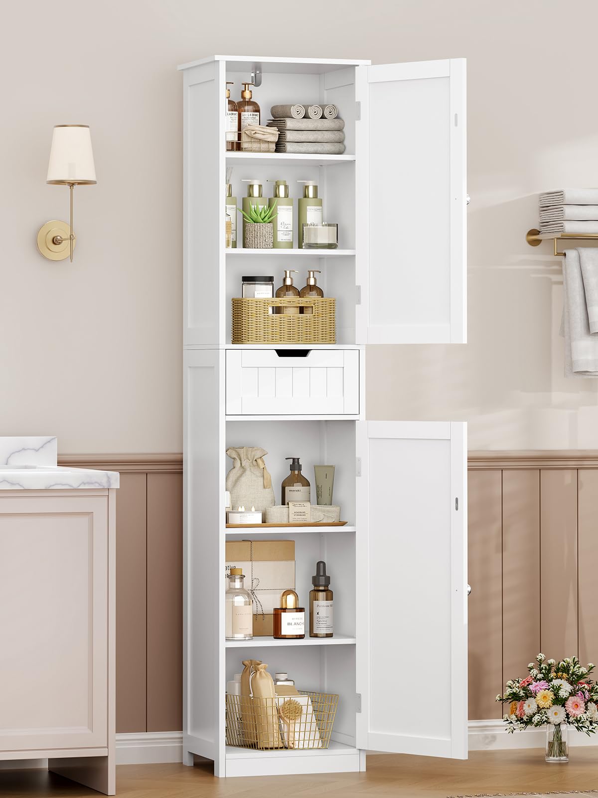 TEENFON Badezimmerschrank Schmal mit voller 40 cm Breite,Badschrank mit 2 Türen und 1 Schublade, Hochschrank mit Verstellbaren Regalen für Badezimmer, Wohnzimmer, Flur, Küche, 40x30x170 cm, Weiß 40 X 30 X 170 Cm Angebot bei HelloDeals