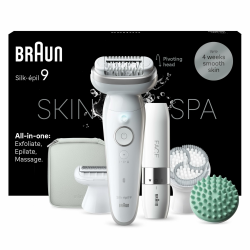 Braun Silk-épil 9 SkinSpa All-in-One Set, Epilierer Damen, Haarentferner für Langanhaltende Haarentfernung, Ladyshaver, Facespa Gesichtshaarentferner, 9-381, Weiß, Silber + 7 Extras Angebot bei HelloDeals