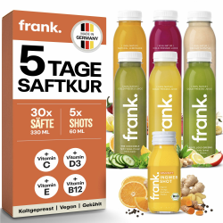 Frank Juice Saftkur 5 Tage | 30 x 330ml Säfte + 5 x 60ml Bio Ingwer shot | Direktsaft kaltgepresst Vegan | ideale Fastenkur aus frischem Obst & Gemüse | Premium Qualität (inkl. 7,50€ Einweg-Pfand) Angebot bei HelloDeals