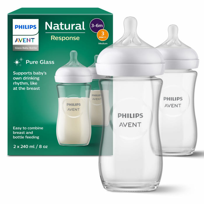 Philips AVENT Natural Response Glas-Babyflasche: 2 x 240 ml BPA-freie Flaschen für Neugeborene von 3–6 Monaten (Modell SCY933/02) 240ml 2 Stk. Single Angebot bei HelloDeals