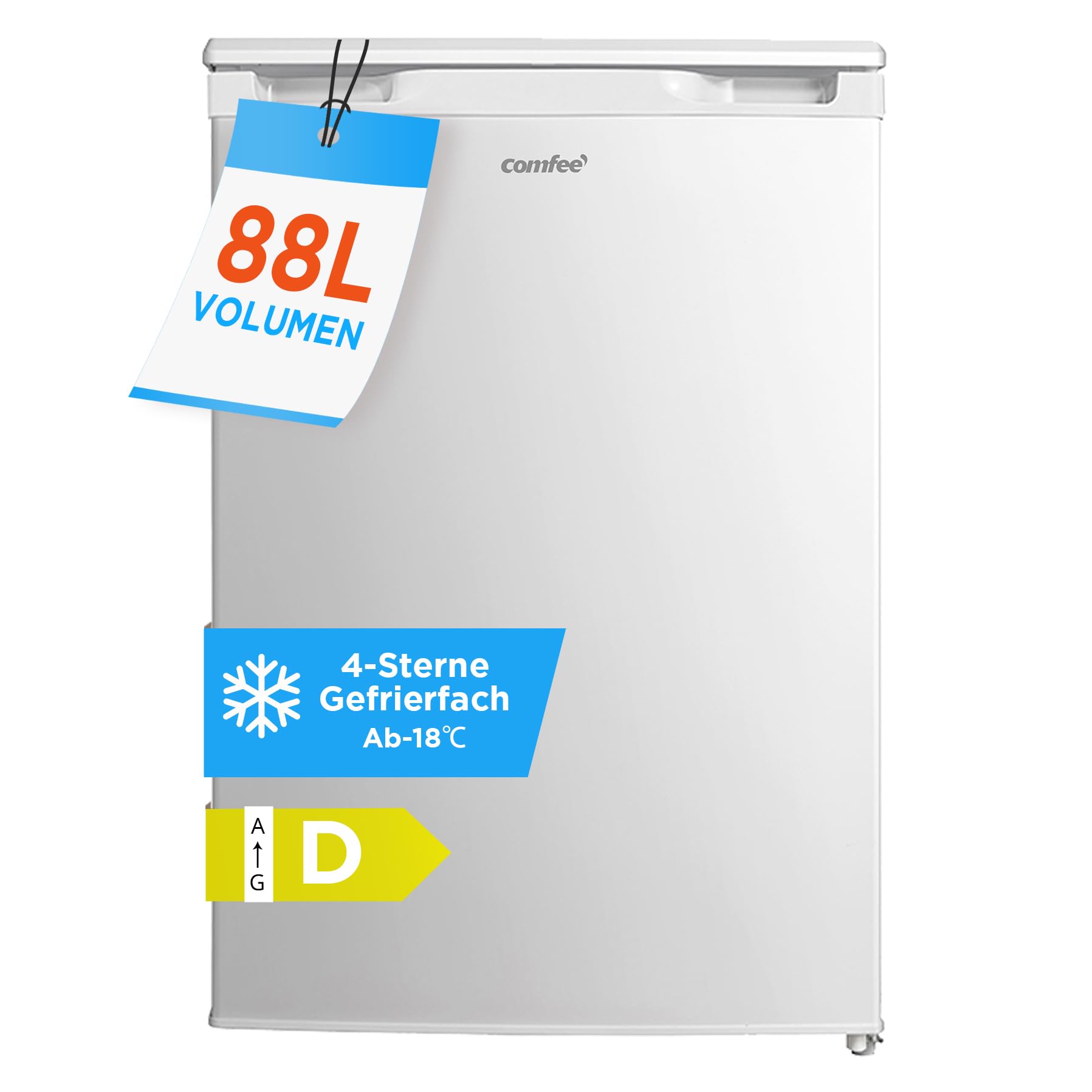 COMFEE RCU83WH3EU(E) 88L Gefrierschränke mit Inverter-Kompressor, D‑Energieeffizienz, -18°C 4-Sterne-Gefrieren, Leise 39 dB, Gefrierschrank klein 55 cm Breite, 3 Fächer für Küchen Büros-Weiß Angebot bei HelloDeals