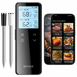 BFOUR BF-80 Fleischthermometer kabellos mit Bluetooth und WLAN, Grillthermometer mit 2 Sonden, 6 Sensoren, IP67 wasserdicht, Touch-Taste, APP-Steuerung, Bratenthermometer für BBQ, Backofen, Grill Angebot bei HelloDeals