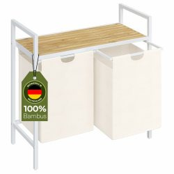 STEELSØN Rigil Wäschesammler 2 Fächer – Wäschekorb mit 1 Bambus Ablage – 2x 45 L Wäscheboxen in weiß – Metall Wäschesortierer – ausziehbare & herausnehmbare Wäschesäcke – Schmutzwäschebehälter 2 Fächer - 1 Ablage Weiß/Bambus Angebot bei HelloDeals