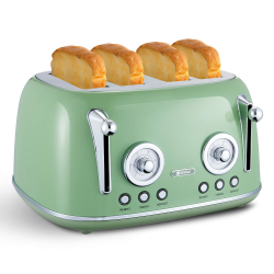 Retro-Toaster mit 4 Scheiben, integriertem Brötchenaufsatz, Deckel, 1-6 Stufen Bräunung, Auftaufunktion und cremeweiße Krümelschublade Helles Grün Angebot bei HelloDeals