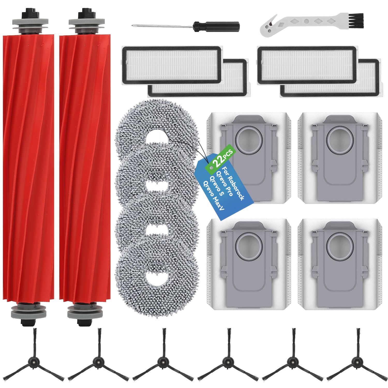 22 Stück Zubehör für Roborock Qrevo S/Qrevo Pro/Qrevo MaxV Saugroboter,【Not für Qrevo】2 Hauptbürsten, 4 Staubbeutel, 4 Wischtücher, 4 Filter, 6 Seitenbürsten, Bürste，Schraubendreher-Ersatzteile 22 Stück Qrevo S/Qrevo Pro/Qrevo Maxv Zubehör Angebot bei HelloDeals