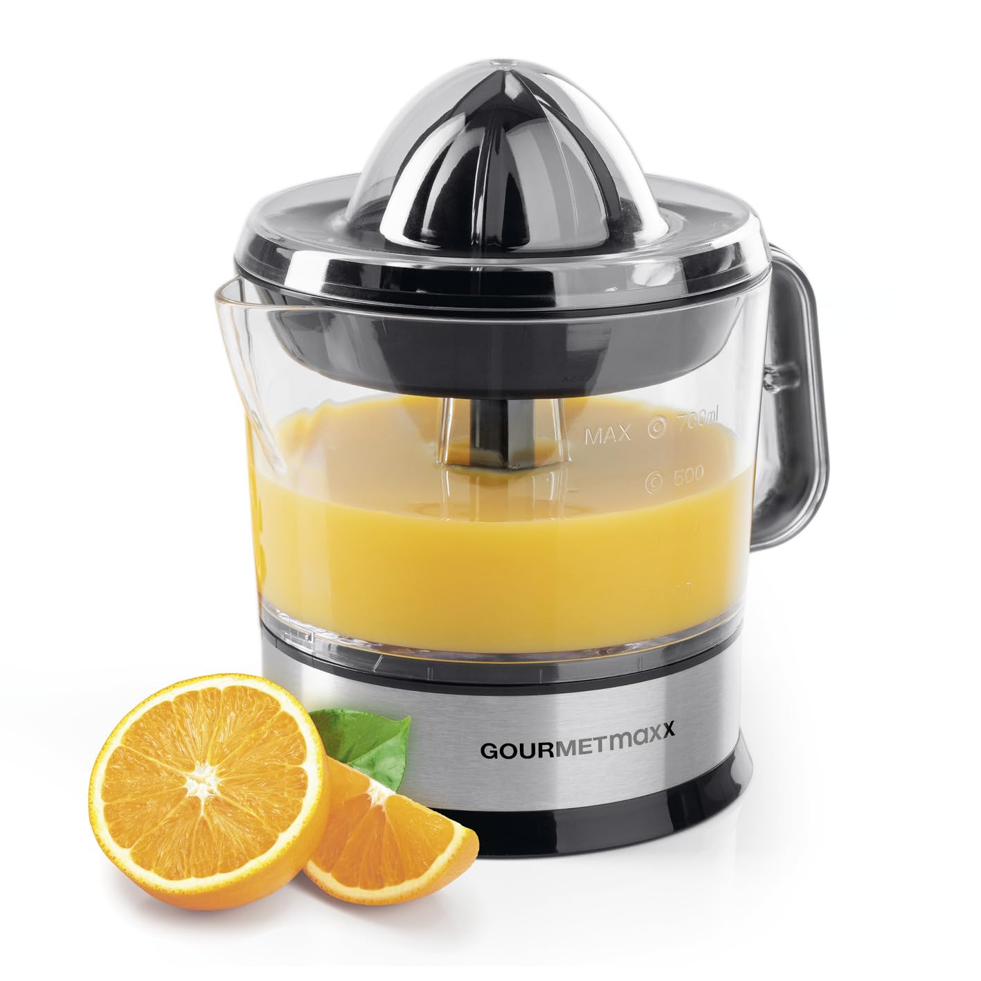 GOURMETmaxx elektrischer Entsafter für Zitrusfrüchte & Orangensaft | Saftpresse bis 700 ml Füllvolumen | Zitruspresse mit verschiedenen Zubehör für frischesten Geschmack | 40 W [transparent/silber] Angebot bei HelloDeals