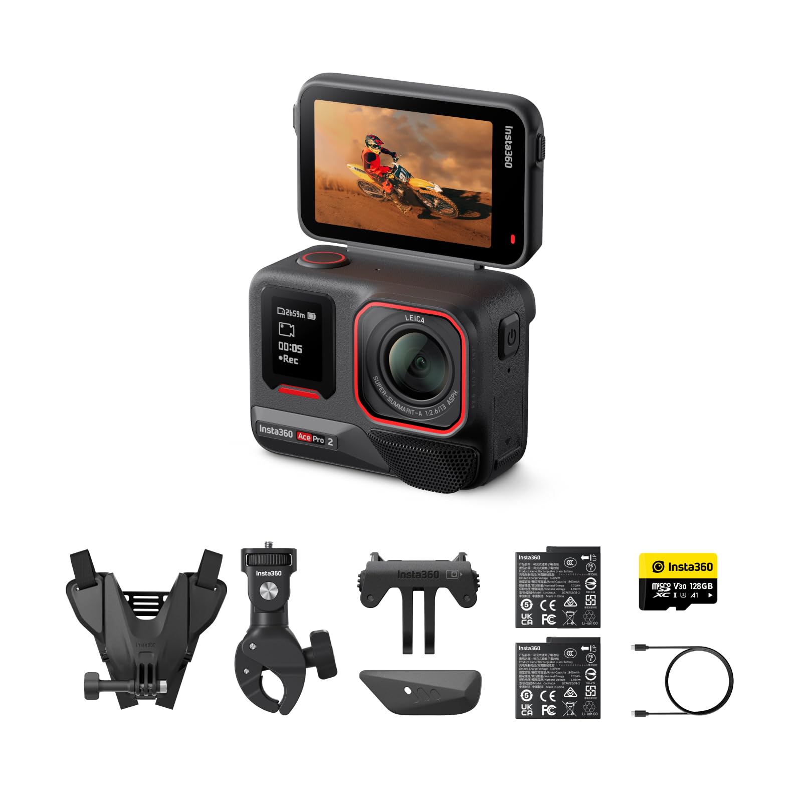 Insta360 ACE Pro 2 wasserdichte Action-Kamera, 8K, entwickelt in Zusammenarbeit mit Leica, 1/1,3 Zoll Sensor, Dual-AI-Chip, niedrigem Licht, überlegenem Audio, Flip-Bildschirm und AI-Bearbeitung für Motorrad-Bundle Angebot bei HelloDeals