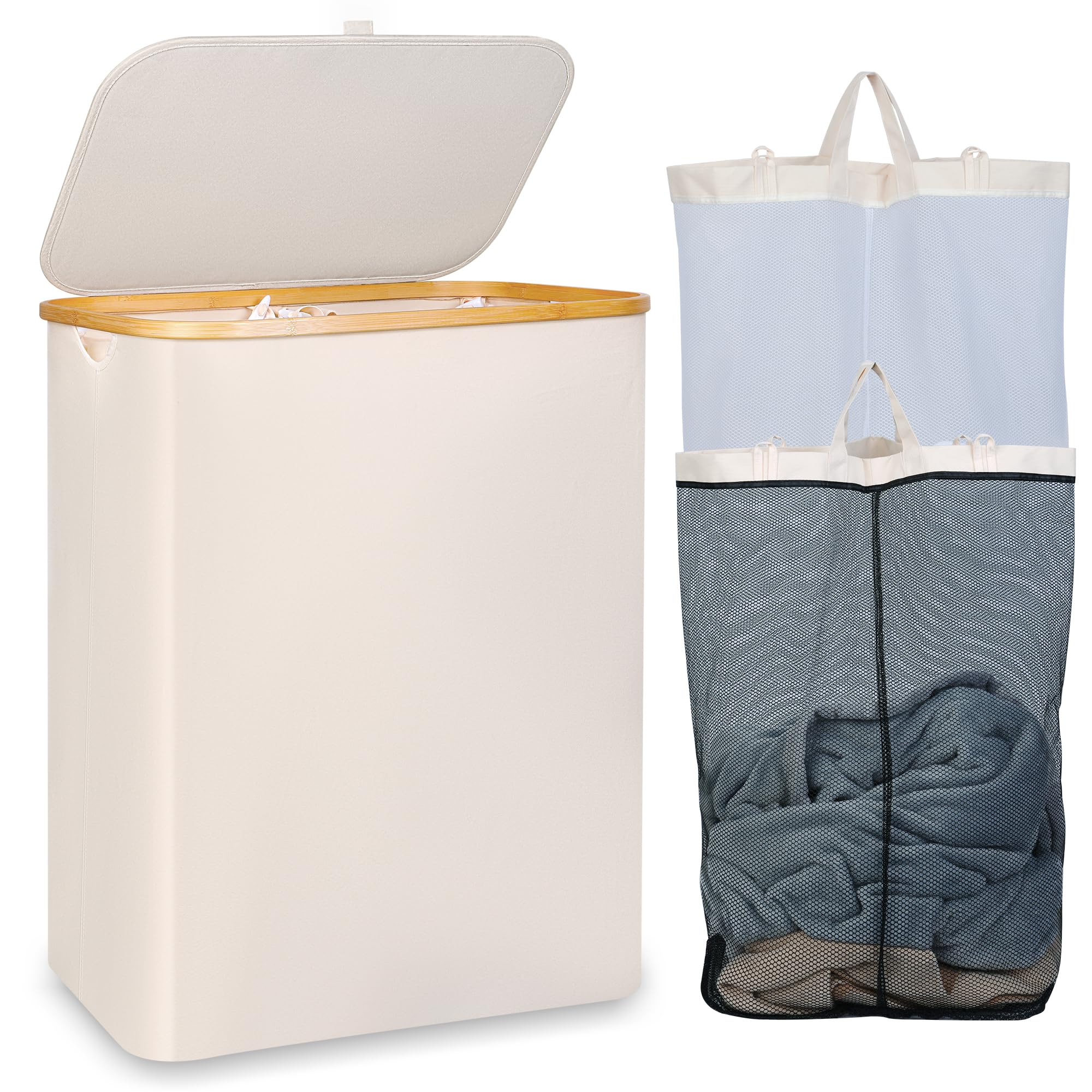Wäschekorb150L XL-Extra Groß 2 Fächer Wäschesammler mit Bambusgriff und Deckel, Laundry Baskets, Wäschekörbe für Waschküche, Schlafzimmer, Badezimmer (Schwarz) Beige 150L Angebot bei HelloDeals
