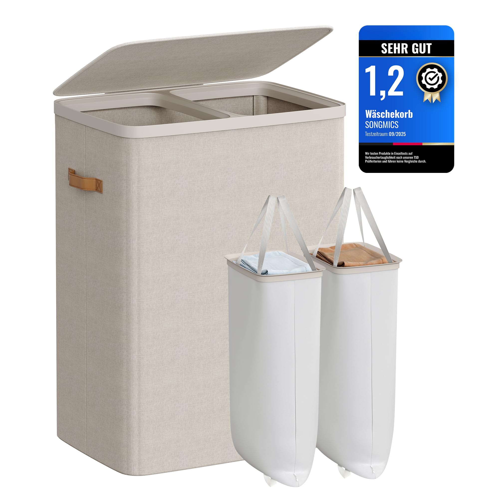 SONGMICS Wäschekorb, 170 L Wäschesammler 2 Fächer, Wäschesortierer, Leichter Aufbau, mit Deckel und Griffen, herausnehmbarer Wäschesack, 56 x 40 x 75 cm, cappuccinobeige LCB813L01 Cappuccinobeige 170 L Angebot bei HelloDeals