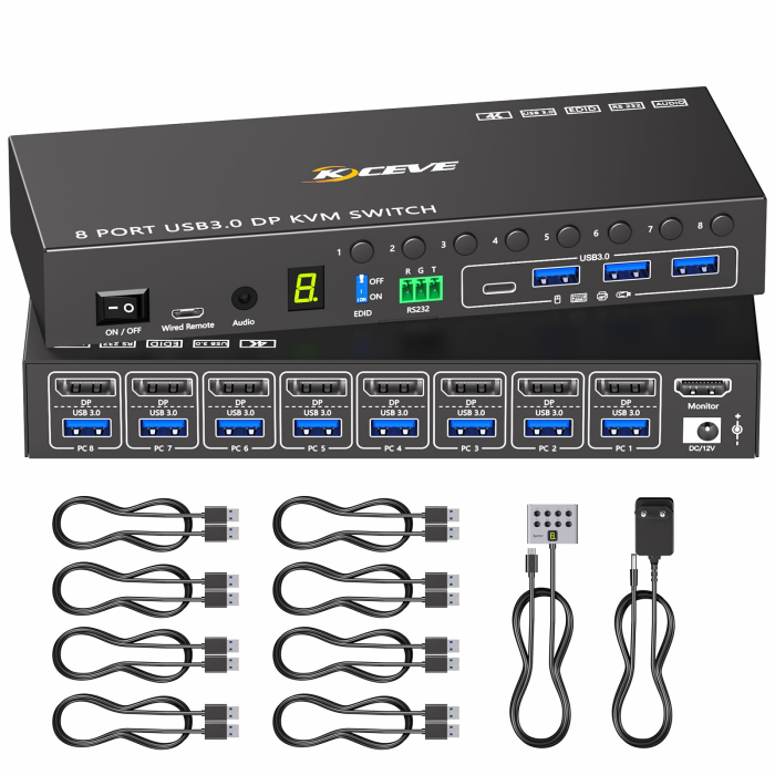 8 Port KVM Switch Displayport 4K@60Hz EDID Simulation, USB 3.0 DP KVM Switch 8 PC Teilen Sie 1 Monitor und 4 USB Geräte, Mit Audio RS232 Kabel Fernversorgung 12V und 8 USB Kabel DP KVM Switch 1 Monitor 8 PC Angebot bei HelloDeals