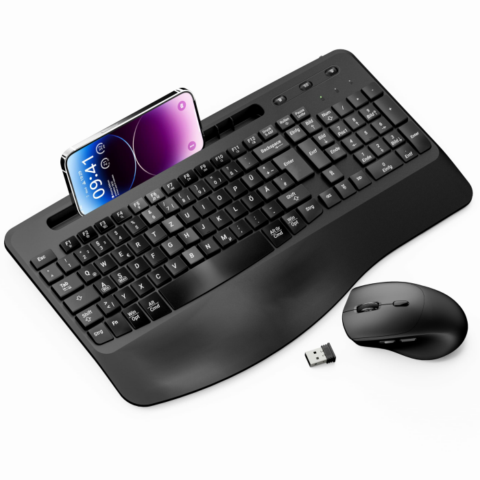 Kabelloses Ergonomisches Tastatur und Maus Set, Moojay 2,4G Wiederaufladbares Quiet Wave Tastatur und Maus Set in Voller Größe mit Handballenauflage und Telefonhalter für Laptop/PC/Mac/Windows–Schwarz Angebot bei HelloDeals