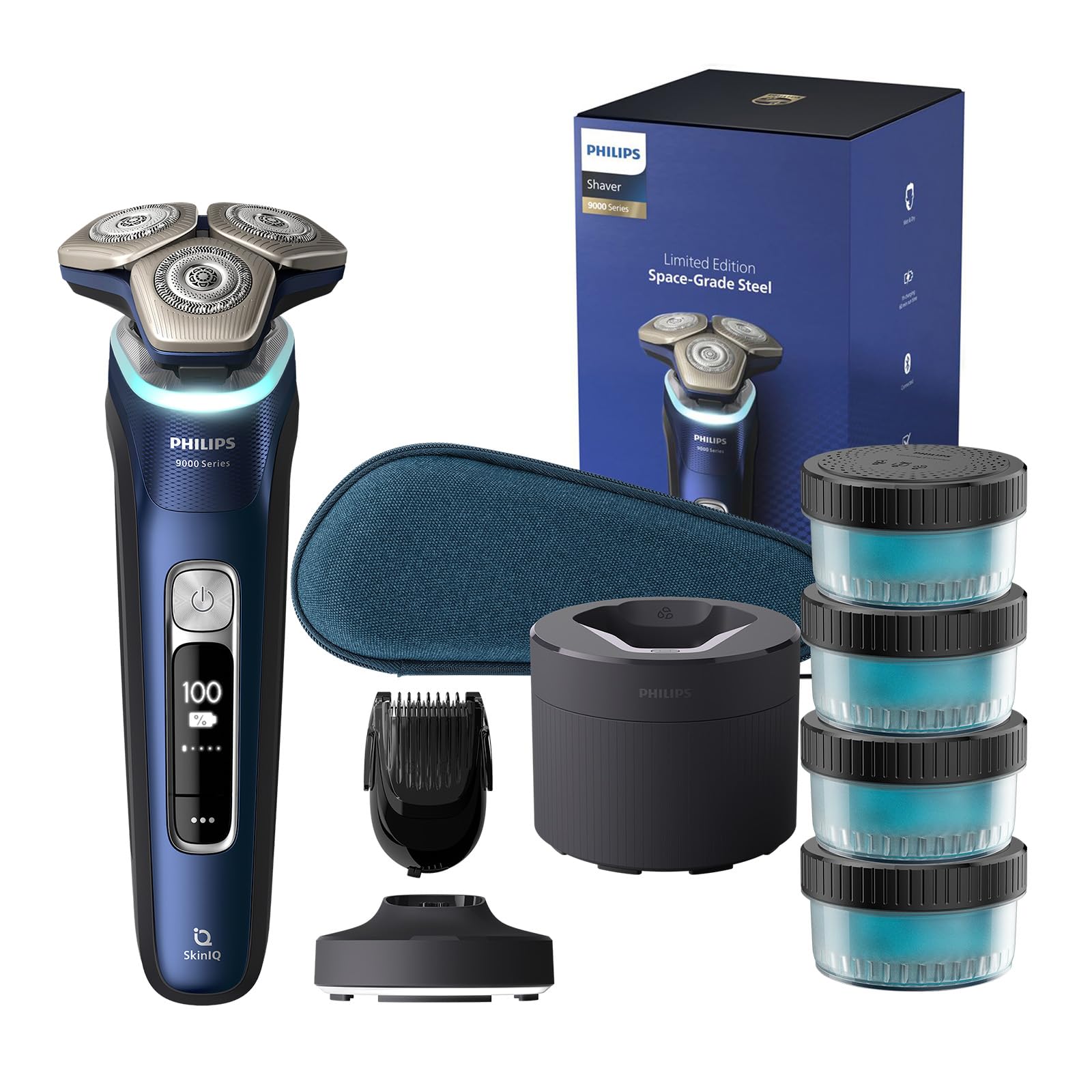 Philips Shaver Series 9000 – Elektrischer Nass-und Trockenrasierer für Männer in Blau mit Lift and Cut System, SkinIQ Technologie, ausklappbarem Trimmer, Ladestation und Reisetasche (Modell S9980/74) inkl. Reinigungsstation, 4 x Reinigungskartuschen & Bar Angebot bei HelloDeals