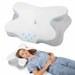 Nackenkissen - Orthopädisches Kopfkissen aus Memory Foam - Ergonomisches Kopfkissen gegen Nackenschmerzen für Seitenschläfer, Rückenschläfer und Bauchschläfer mit Eisseiden Bezug (Weiß Grau) Angebot bei HelloDeals