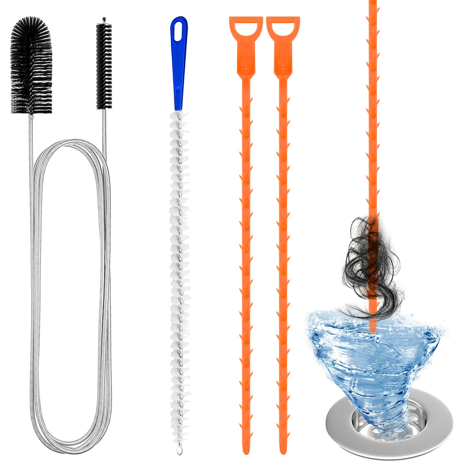 Redamancy 4 Stück Abflussreiniger Spirale,Doppelkopf-Rohrreinigungsbürste Edelstahl-Kanalreiniger,Abflussreiniger Sticks, Abfluss Bürste,Flexible Reinigungsbürste für den Abfluss in Küche und Dusche 1*155cm + 1*45cm + 2*50cm Angebot bei HelloDeals