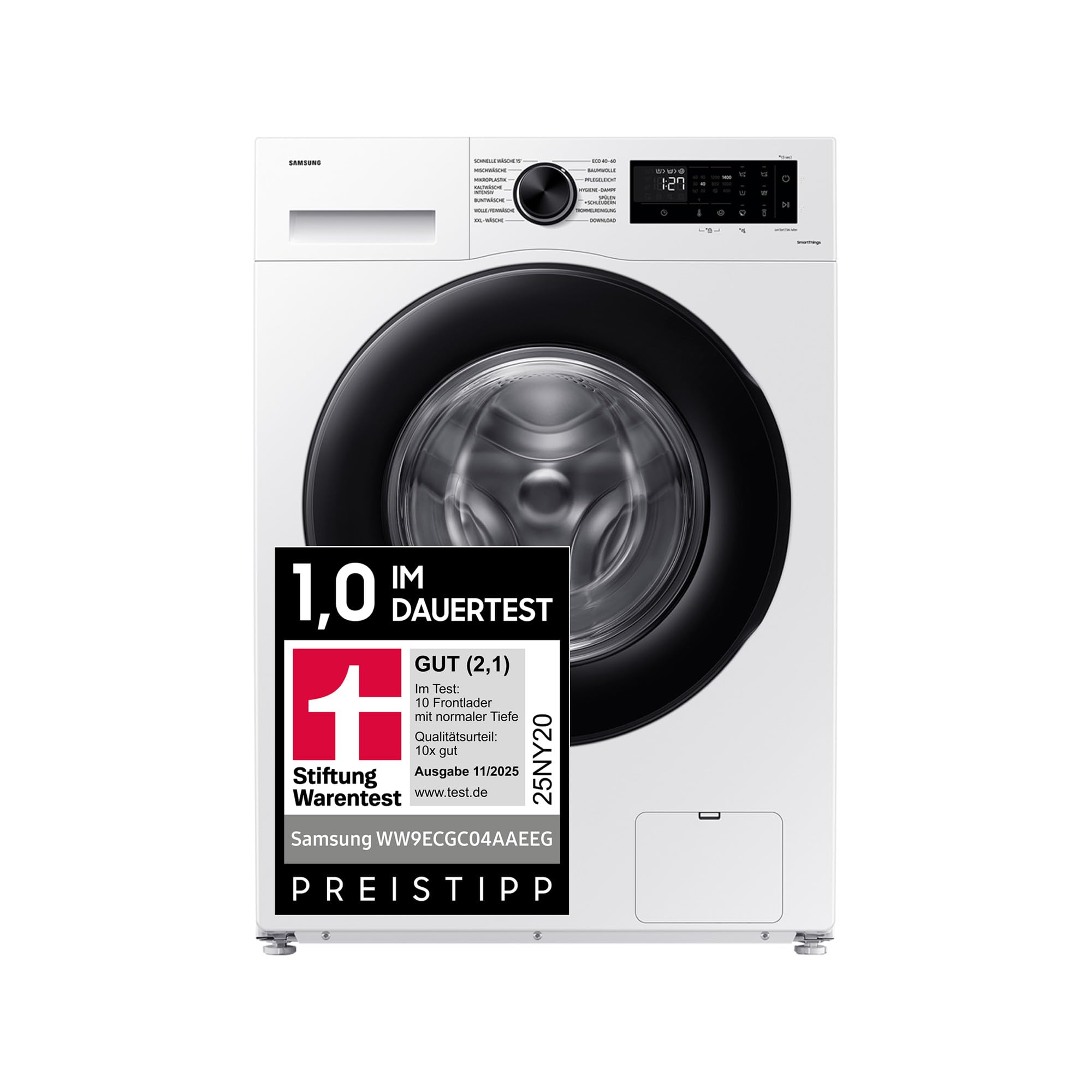 Samsung Waschmaschine, 9 kg, 1.400 U/min, EEK: A, Mikroplastik-Programm, Ecobubble, 14 Programme, WiFi SmartControl, Weiß/Schwarz, WW9ECGC04AAEEG 9 kg Weiß Angebot bei HelloDeals