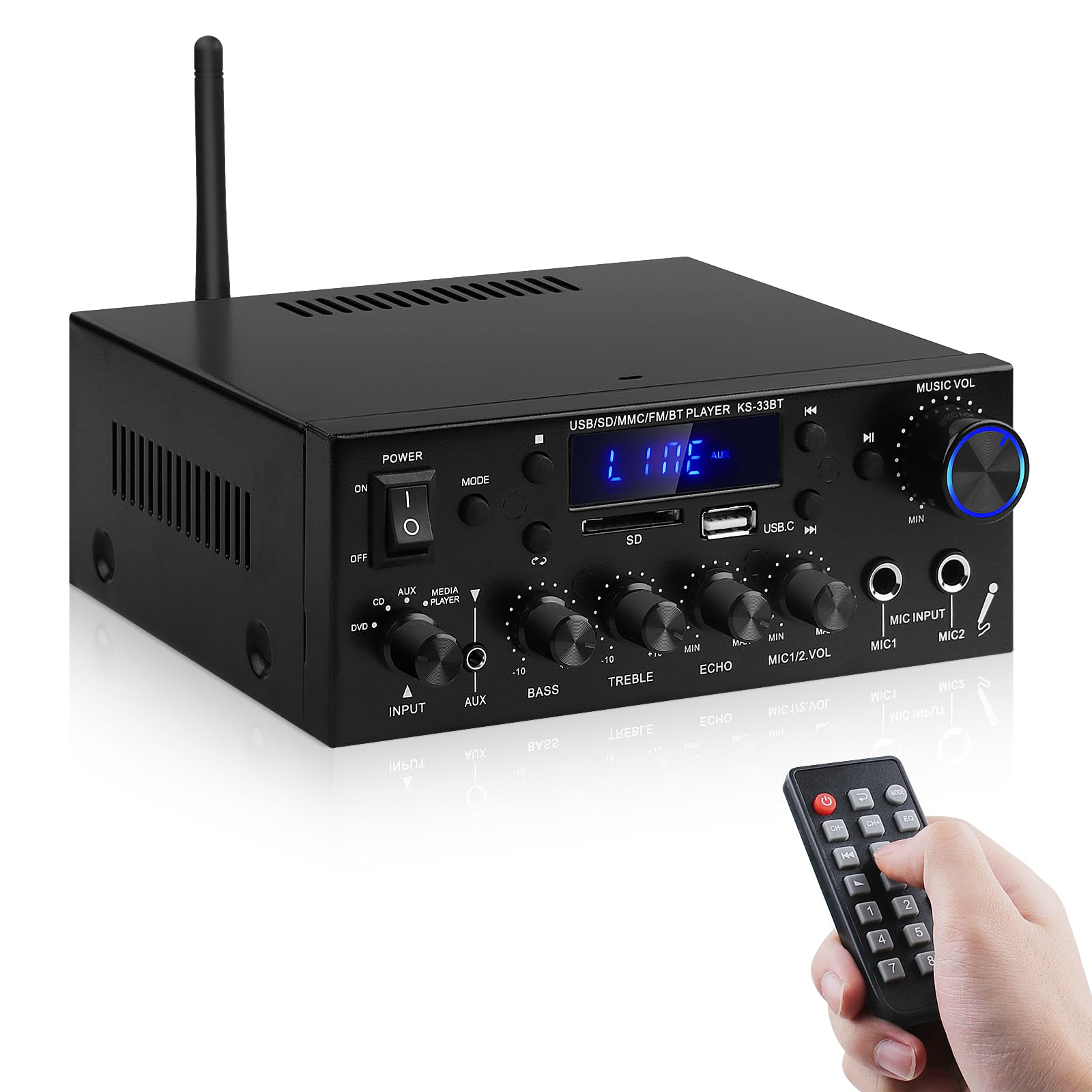 Audio-Verstärker für Zuhause, KS-33BT 2-Kanal Bluetooth5.0 HiFi-Verstärker, RMS 60W X 2 Max 400W X 2 Stereo-Verstärker Empfänger W/Echo, USB/SD/AUX/BT.C/FM Mikrofon für Heimkino, Auto, Party, Karaoke Angebot bei HelloDeals