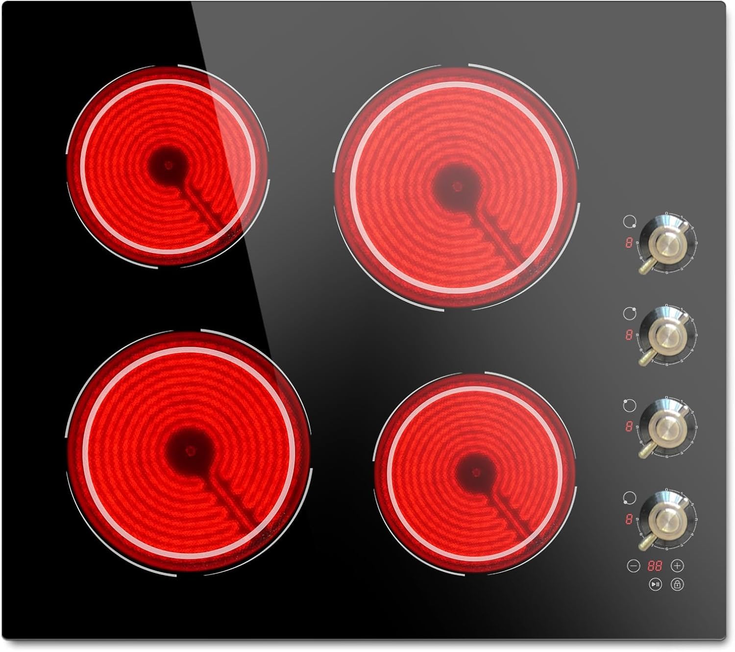 Glaskeramikkochfeld mit Drehknopf, Einbau Kochfeld mit 4 platten 60 cm Autark Herdplatte 4 Kochfelder 6000W 9 Leistungsstufen, Knopfsteuerung, Timer, Kindersicherung 60cm 6000w Angebot bei HelloDeals