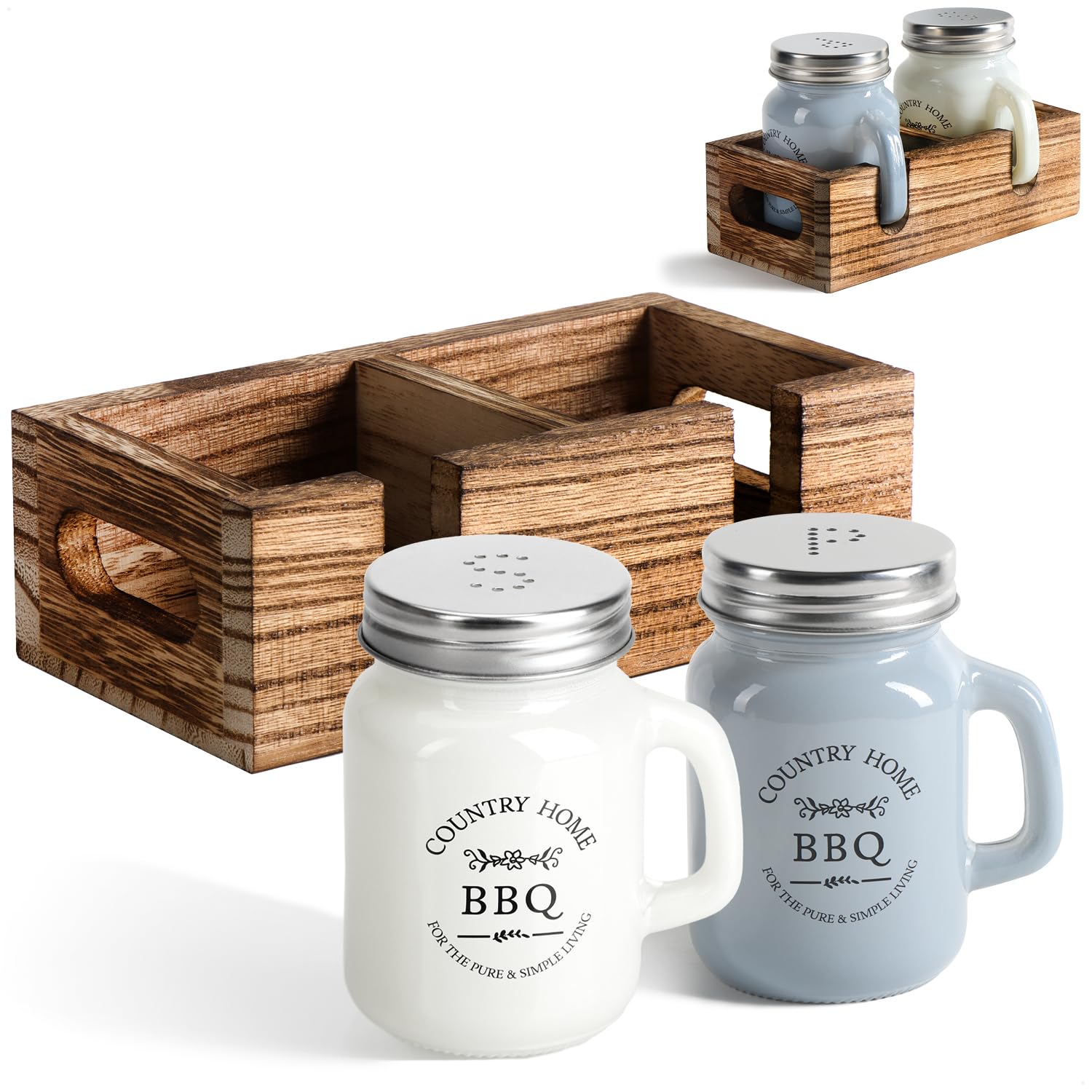com-four® 3-teiliges Salz- und Pfefferstreuer-Set - Gewürzstreuer in Holzbox - Gewürzglas mit Aufschrift in Bierkrug-Form, Schraubdeckel, Henkel und Aufbewahrungsbehälter (3-teilig - Glas mit Holzbox) Angebot bei HelloDeals