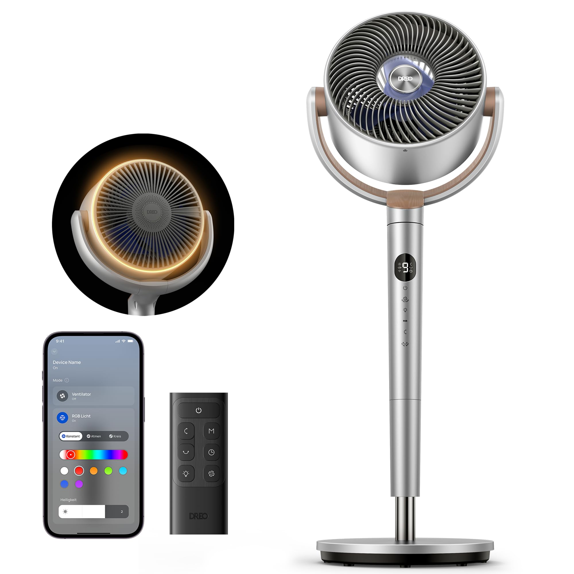 DREO Smart Standventilator mit RGB Light, 120° +120° Oszillierender Ventilator mit Fernbedienung, 20dB Leiser Bodenventilator für Schlafzimmer, 8H Timer, Silber WIFI+LED Silber - Rgb Light Angebot bei HelloDeals