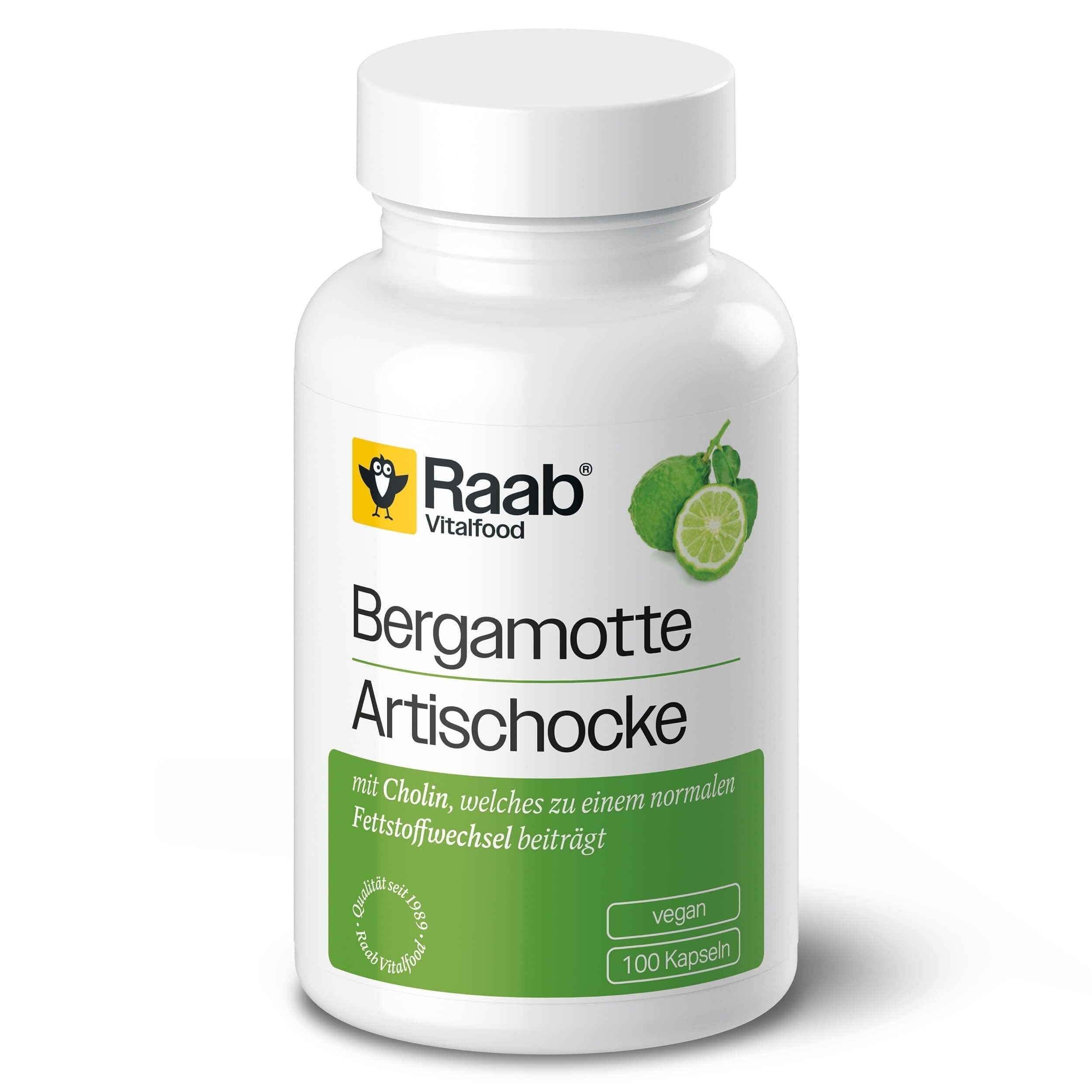 Raab Vitalfood® Bergamotte Artischocke Kapseln (100 Stück) - aus hochwertigem Extrakt, enthält Flavonoide und Cynarin, mit Cholin, das zu einem normalen Fettstoffwechsel beiträgt, vegan Angebot bei HelloDeals