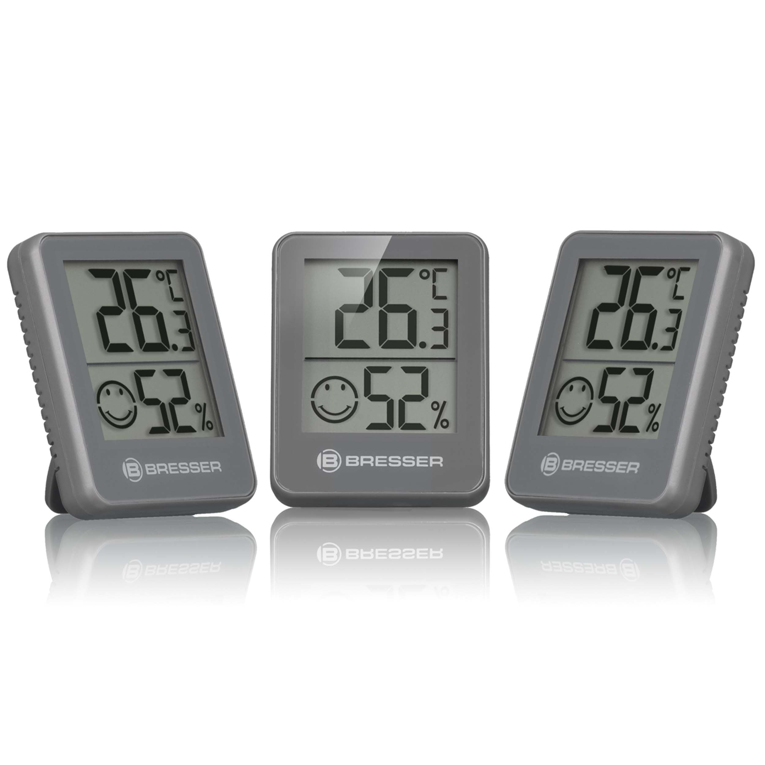 Bresser 3er Set Thermometer Hygrometer - Digitales Raumthermometer für Kontrolle Innenraum Luftfeuchtigkeit, Kühlschrankgeeignet, Wandmontage und Magnet, Schimmelvorbeugung - Indikator Smiley, Grau Grau 3er-Set Angebot bei HelloDeals