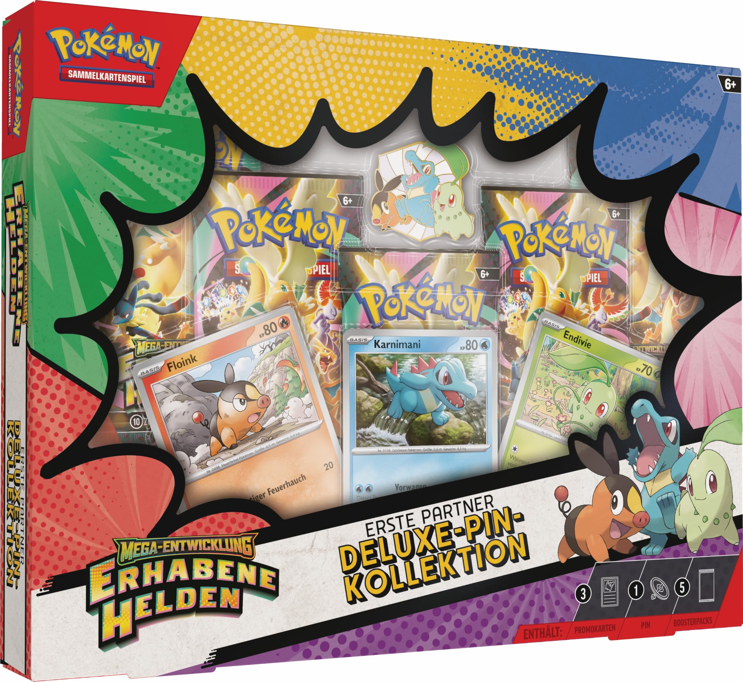 Pokémon-Sammelkartenspiel: Deluxe-Pin-Kollektion Mega-Entwicklung – Erhabene Helden: Erste Partner (3 holografische Promokarten, 1 Deluxe-Pin und 5 Boosterpacks) Angebot bei HelloDeals