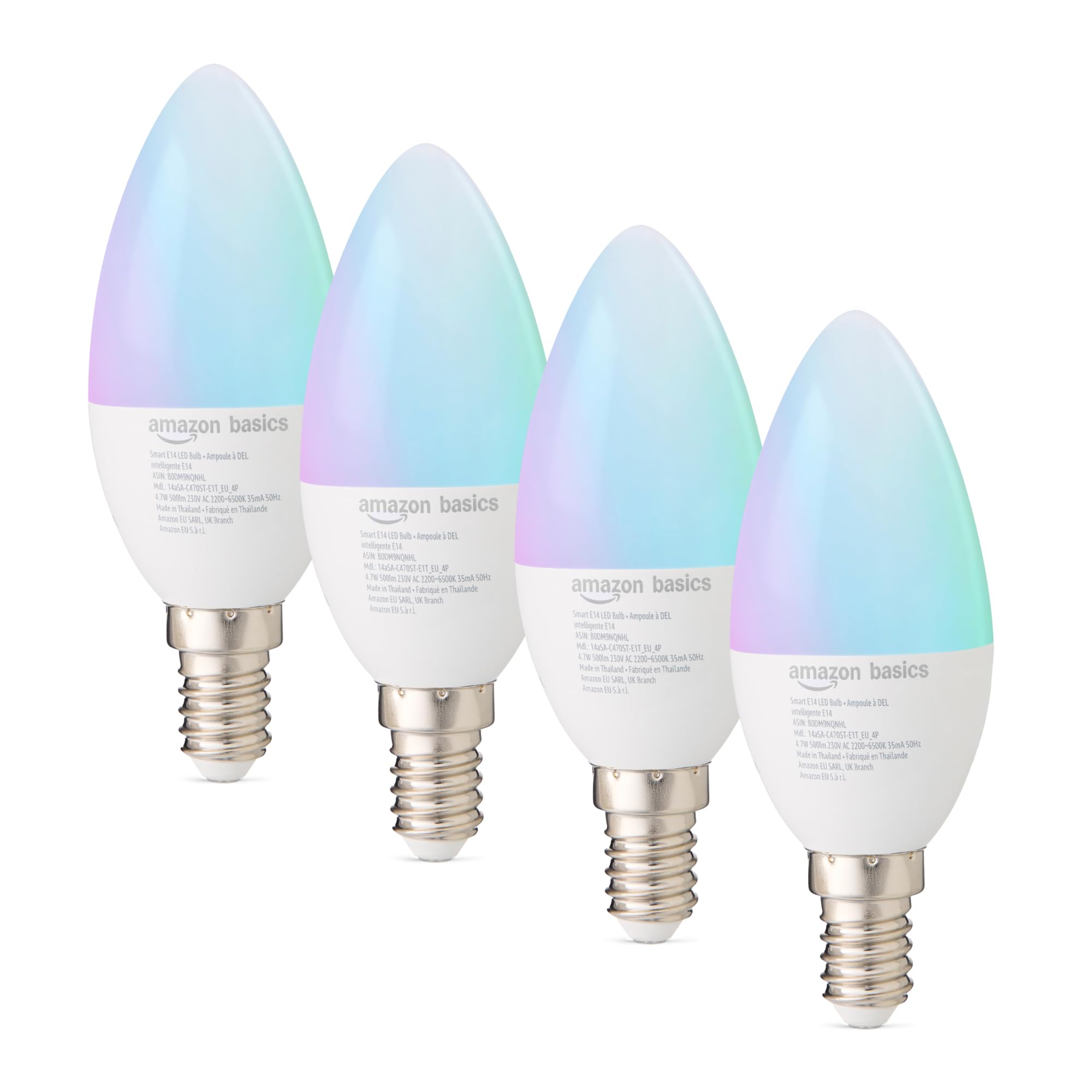 Amazon Basics Intelligente E14-Leuchtmittel, 2,4-GHz-WLAN: kein Hub erforderlich, funktioniert nur mit Alexa, Farbwechsel, 4 Stück Angebot bei HelloDeals