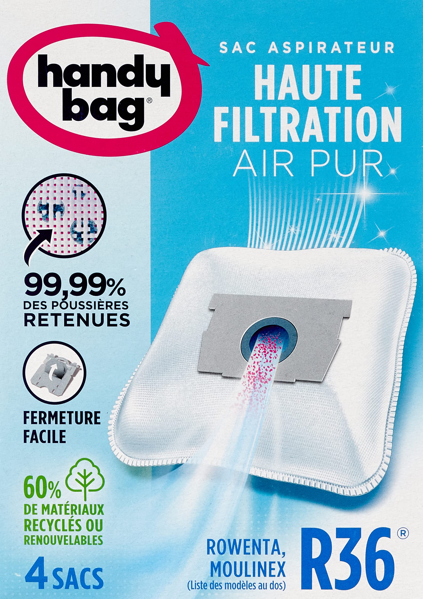 Handy Bag Staubsaugerbeutel, für Staubsauger Rowenta, luftdichter Verschluss, Filter Öko Moulinex und Rowenta 4 Sacs weiß Angebot bei HelloDeals