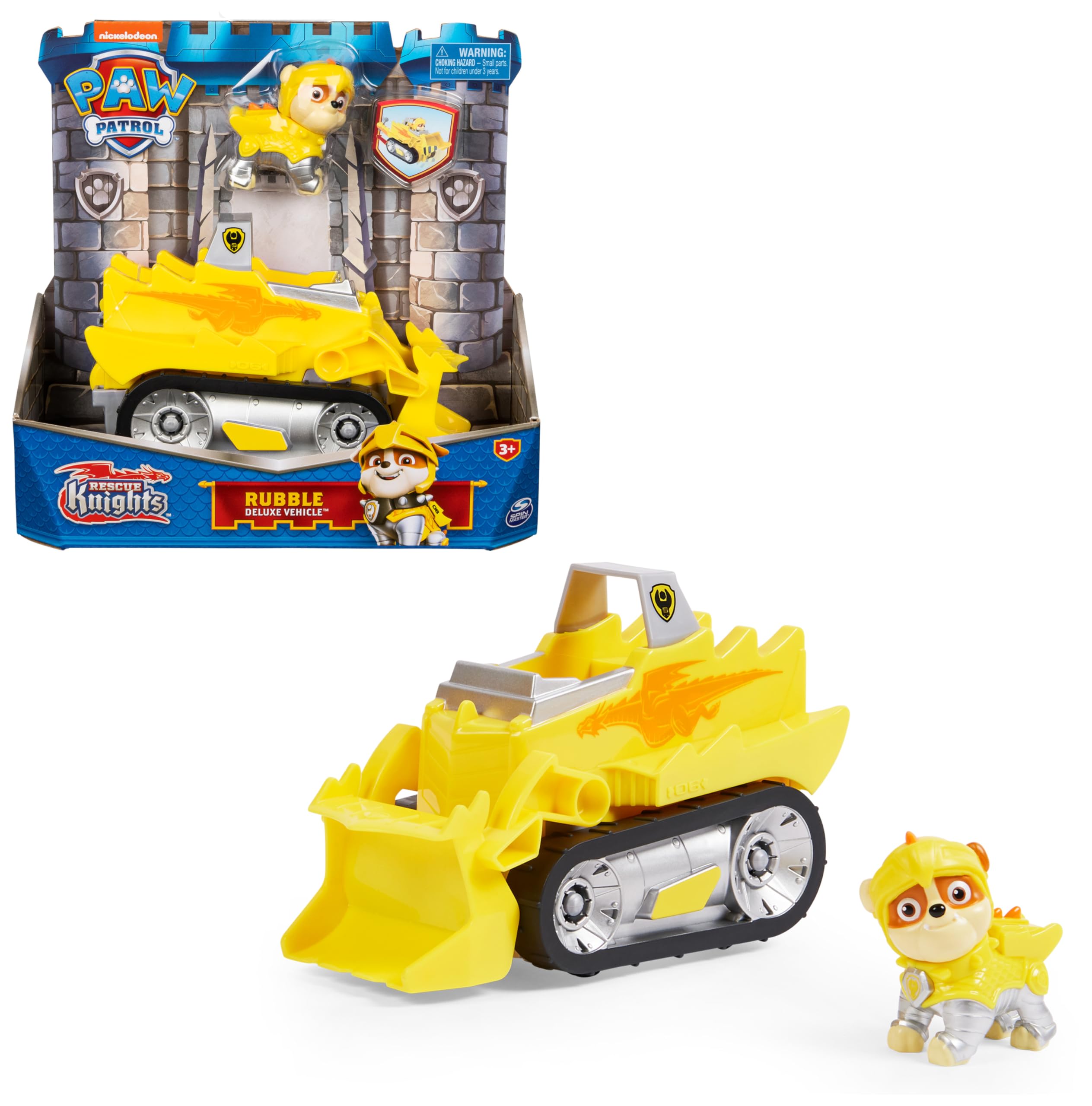 PAW PATROL, Rescue Knights Basis Fahrzeug Spielzeugauto von Rubble mit Welpenfigur, Spielzeug geeignet für Kinder ab 3 Jahren A-gelb Angebot bei HelloDeals