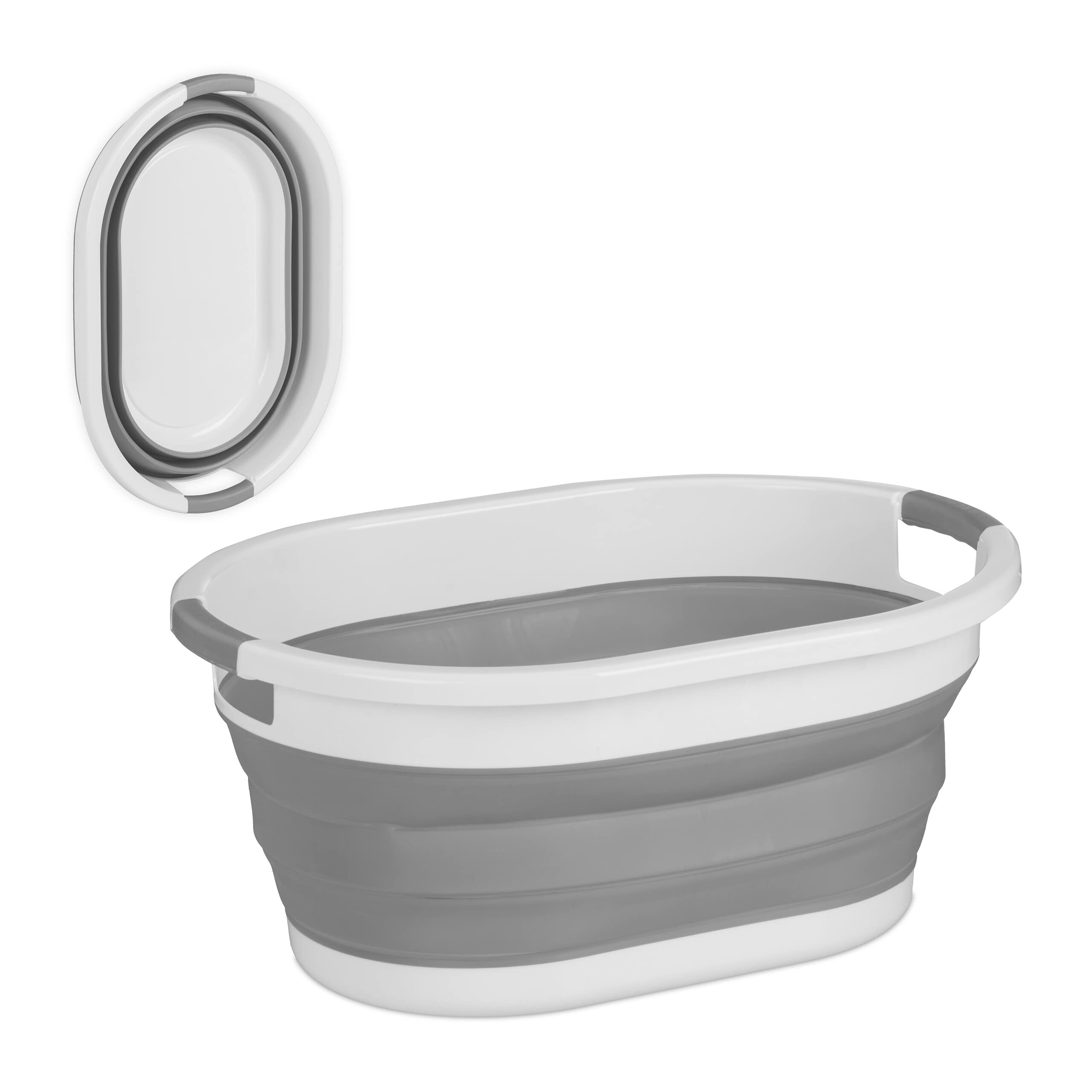 Relaxdays Wäschekorb faltbar, 36 l, Wäschewanne aus Kunststoff, platzsparend zusammenklappbar, mit Griffen, grau/weiß Angebot bei HelloDeals
