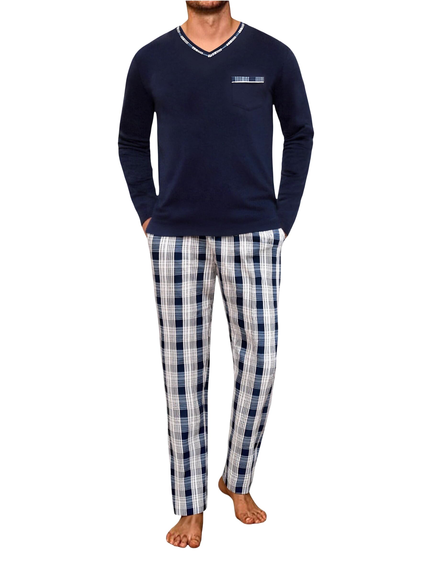 Herren Schlafanzug Lang Winter Baumwolle Kariert Pyjama Set Weicher Hausanzug, mit V-Ausschnitt Langarm Shirt & Schlafanzughose Marineblau M Angebot bei HelloDeals
