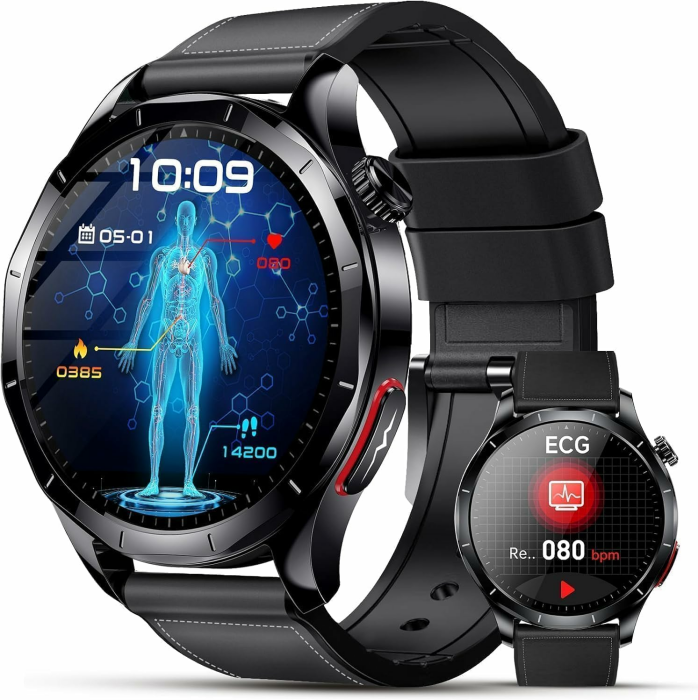 Smartwatch Herren mit EKG+HRV/ΒΙυtdruckmessung/ΒΙυτｚυcker/Harnsäure/BMI, 1,43 Zoll AMOLED Gesundheitsuhr mit SOS-Notruf, 24/7 Herzfrequenz/Apnoe/Schlafmonitor/SpO2, Android/iOS Schwarzes Leder Angebot bei HelloDeals