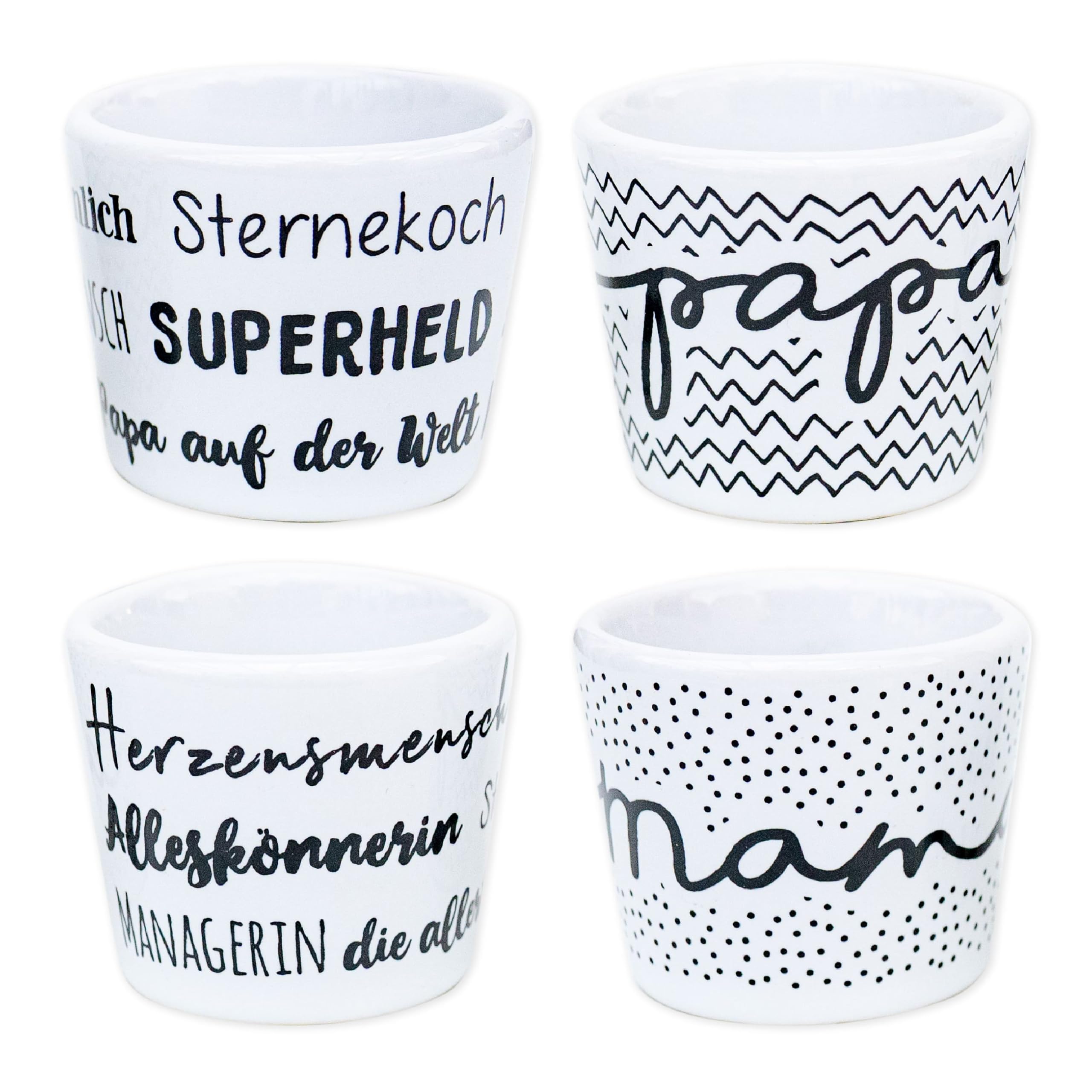 Papierdrachen - 4er Set Eierbecher Porzellan - Mama & Papa - Geschenk für Eltern - mit Motiv innen - Frühstücks-Set - Weiß Schwarz Mama und Papa Angebot bei HelloDeals