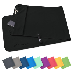 Fit-Flip Fitness Handtuch aus Mikrofaser - mit Magnet und Reißverschluss Tasche - Fitnesshandtuch für Sport und Gym - Kompakt, rutschfest & Schnelltrocknend - Sporthandtuch Fitnessstudio Schwarz Angebot bei HelloDeals