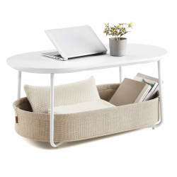 VASAGLE Couchtisch oval, Tisch mit Stauraum, Beistelltisch, Wohnzimmertisch mit Korb aus Stoff, modern, Metallrahmen, mattweiß-Kamelbraun LCT222W10 Mattweiß + Kamelbraun oval Angebot bei HelloDeals