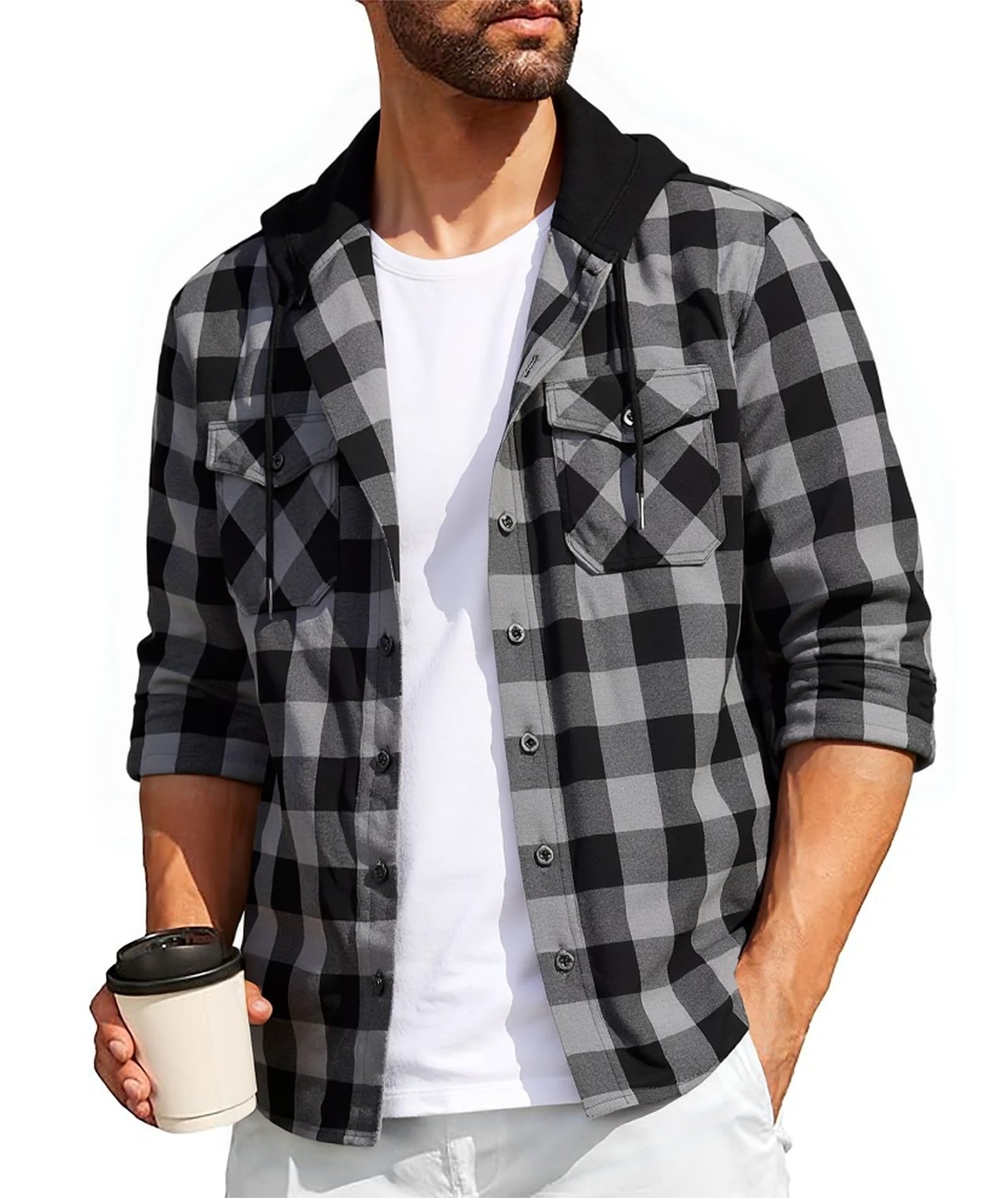 SwissWell Holzfällerhemd Herren Hemd Kariert Langarm Hemdjacke Männer Flanellhemd mit Kapuze Outdoor Holzfäller Jacke M-3XL Dunkelgrau XL Angebot bei HelloDeals