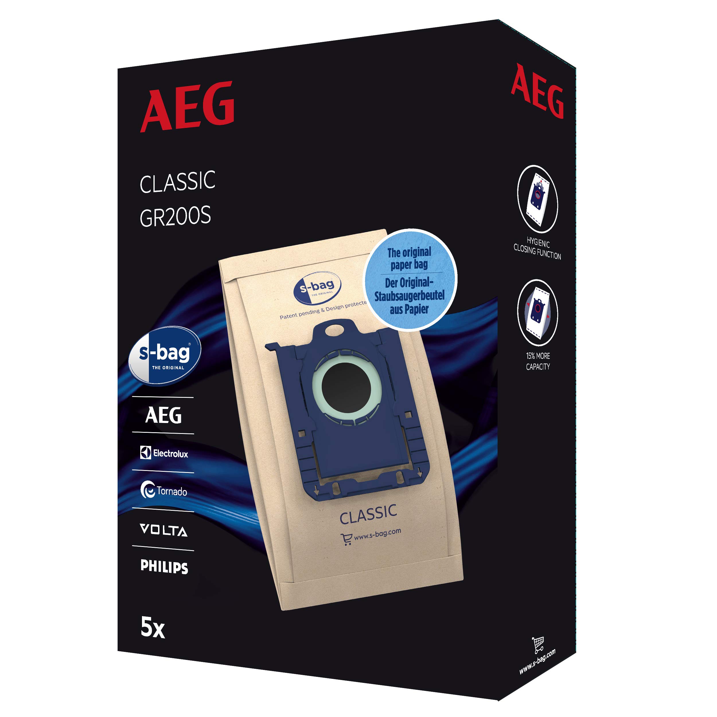 AEG GR200S s-Bag Staubsaugerbeutel Classic (5 Staubbeutel für dauerhaft hohe Saugleistung, optimale Filtration, Hygieneverschluss, hochwertige Papierbeutel, braun) Angebot bei HelloDeals