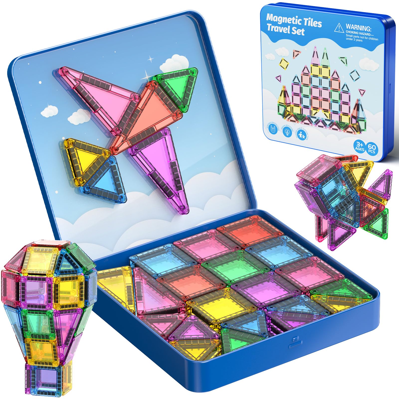 Magnetische Bausteine Reisespielzeug, 60-teiliges Magnetische Tiles Reiseset mit Eisenbox, Kreativität MINI Magnetic Fliesen Sensorisches Spielzeug Geburtstag Geschenk für Kinder 3 4 5 6 Jahren 60pcs 3.75CM Tiles Angebot bei HelloDeals
