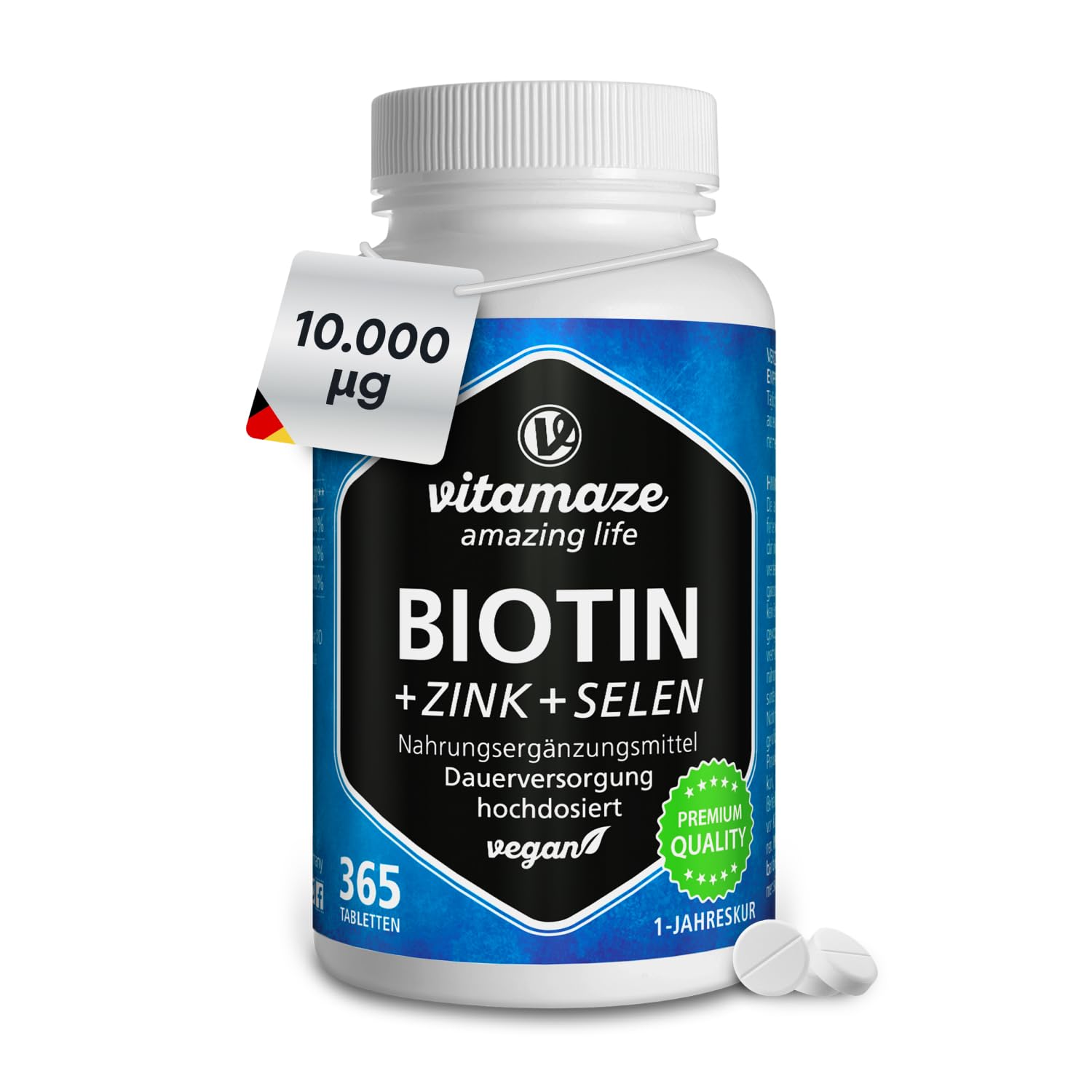 Vitamaze Biotin hochdosiert 10.000 mcg + Selen + Zink für Haare, Haut & Nägel, 365 vegane Tabletten für 1 Jahr, D-Biotin, Nahrungsergänzung ohne Zusatzstoffe, Made in Germany 365 Stück Angebot bei HelloDeals