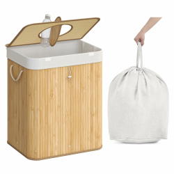 SONGMICS Pfandflaschen-Sammelbehälter, 95 L Pfandflaschen-Behälter, Bambus, Flaschensammler Leergut, Recycling-Behälter, mit Loch, Deckel, Innensack mit Griffen, Küche, naturbeige RRB060Y01 Angebot bei HelloDeals