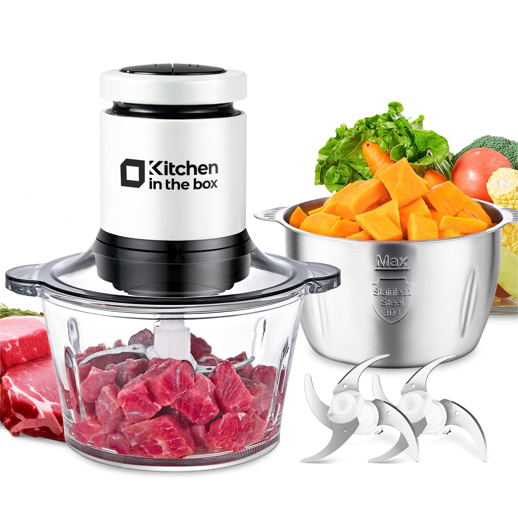 Kitchen in the Box Zerkleinerer Küche Elektrisch 400W Multizerkleinerer, fleischwolf mit 2 Schüsseln(2L+2L) und 2 Bi-Level Edelstahl Klingen, Universalzerkleinerer für Fleisch,Gemüse,Zwiebeln,Obst Weiß,2L+2L(2Schüsseln) Angebot bei HelloDeals