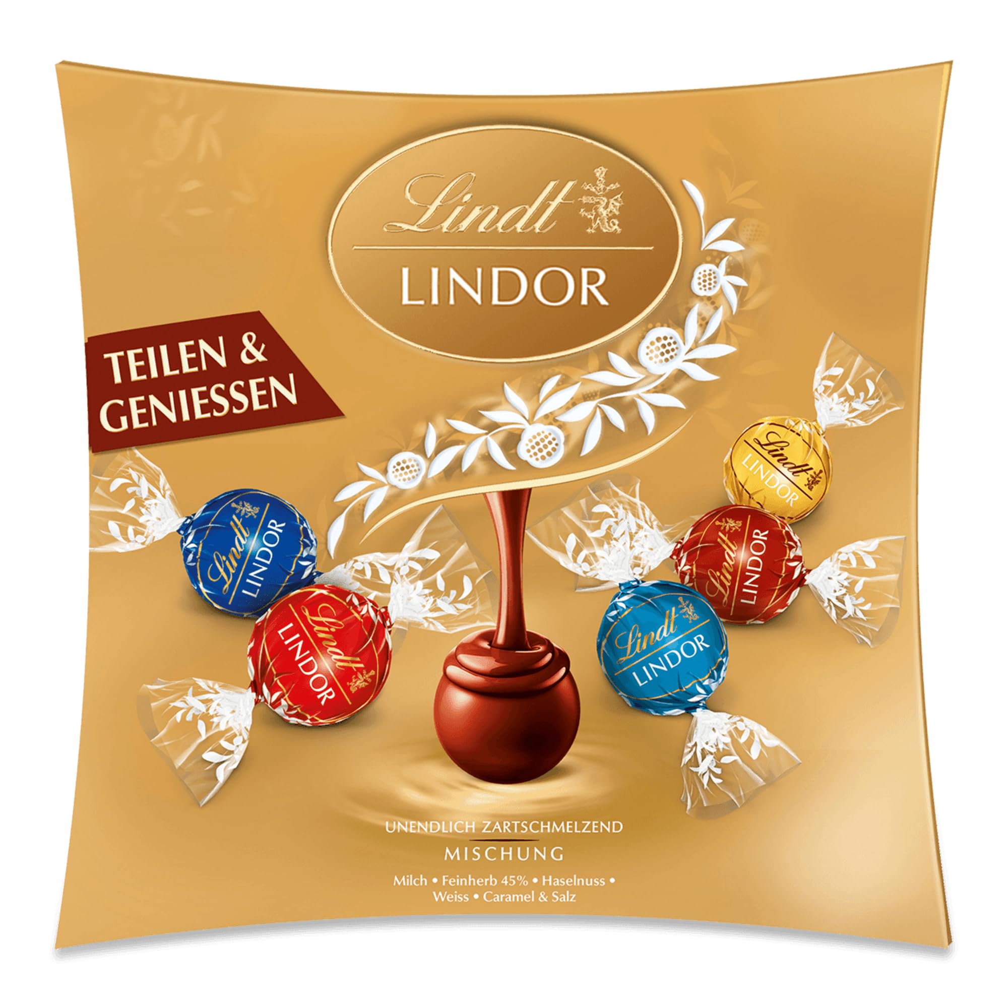 Lindt Schokolade LINDOR Sharing | 250 g | Kugeln mit zartschmelzender Füllung in den Sorten Milch, Feinherb 45 %, Weiß, Salted Caramel und Haselnuss | Schokoladen- | Pralinen-Geschenk Angebot bei HelloDeals