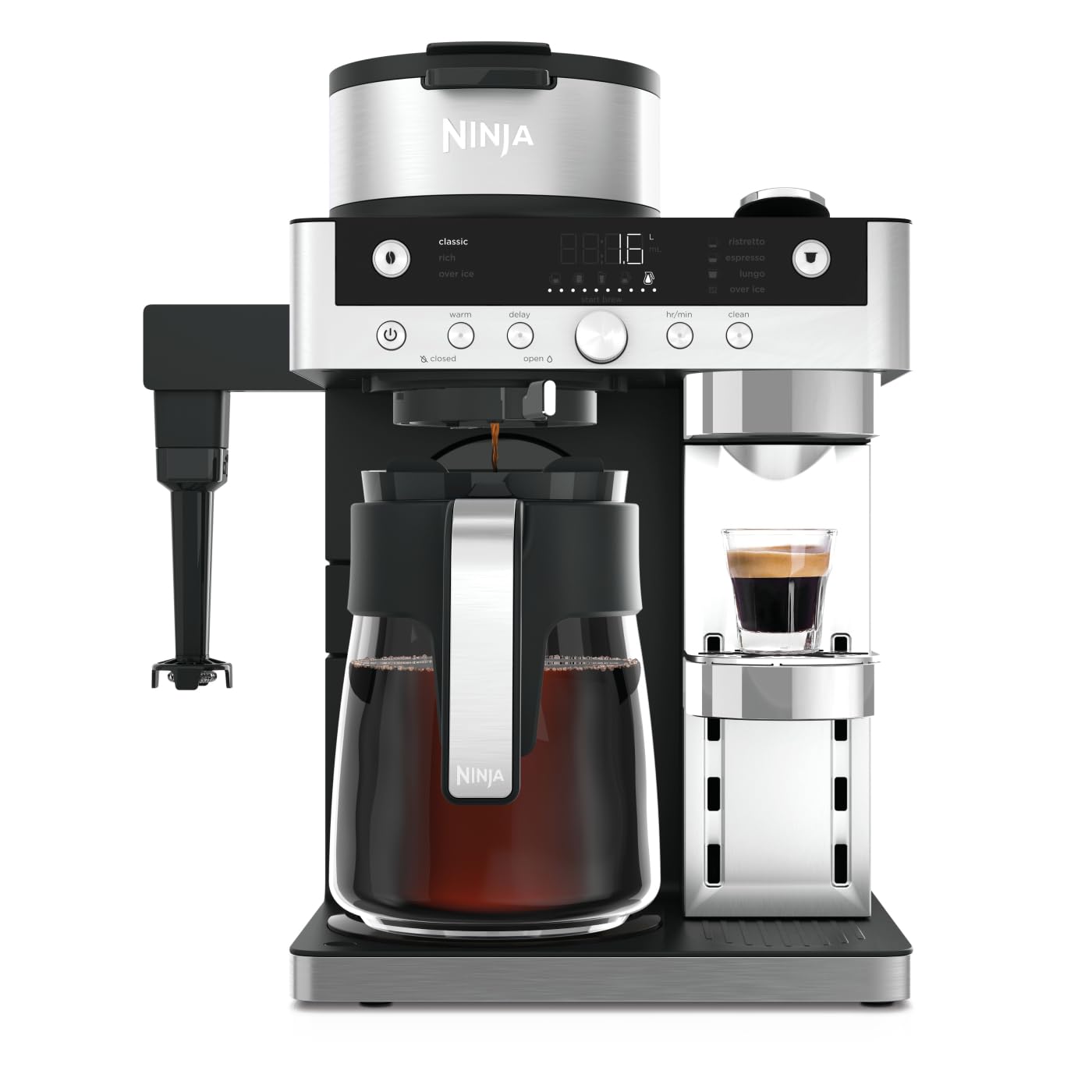 Ninja Prestige 2-in-1 Filterkaffee- und Kapselmaschine mit integriertem Milchaufschäumer, für Latte, Eiskaffee und Flat White, Schwarz CFN802EU Angebot bei HelloDeals