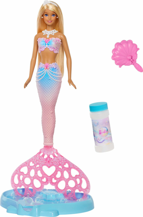 Barbie Bubble Sparkle Meerjungfrau-Puppe mit Seifenblasenfläschchen und -lösung, Tablett und Bürste, extralanges Blondes Haar mit Farbsträhnchen, JLW56 Angebot bei HelloDeals