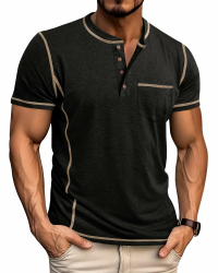 T-Shirts Herren Henley Shirt Kurzarm V Ausschnitt Sommer Sport mit Tasche Knopfleiste Slim Fit Hemd M-3XL Schwarz M Angebot bei HelloDeals