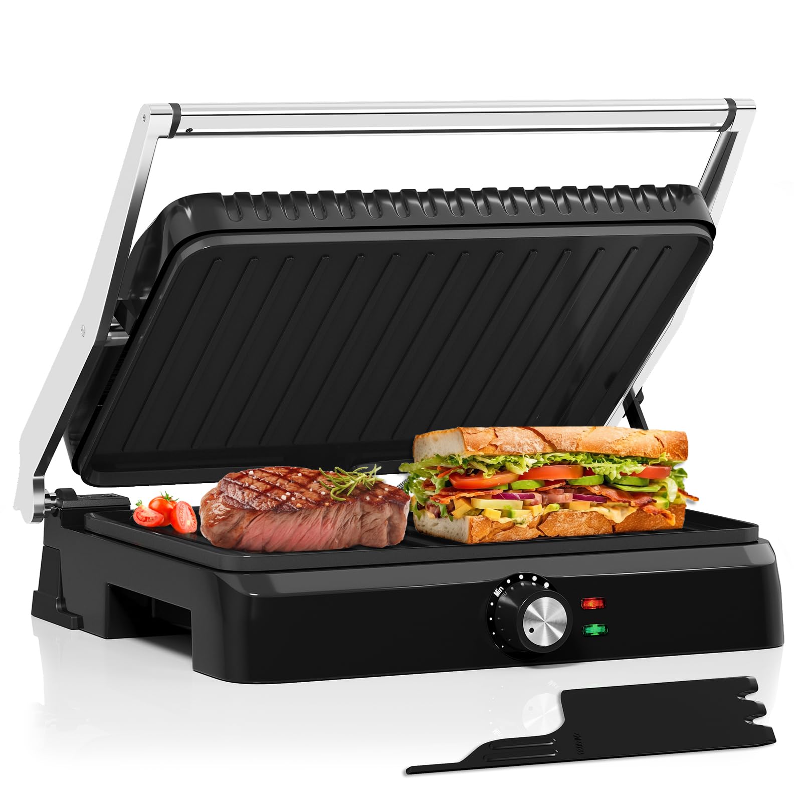 HOMELUX Kontaktgrill 2200W Panini Grill Sandwichmaker für Sandwiches, Steakmit 34x23cm Antihaftplatten, Reinigungsrakel 180° Öffnung, Temperatur Einstellbar, Fettauffangschale, Schwarz Angebot bei HelloDeals