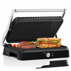 HOMELUX Kontaktgrill 2200W Panini Grill Sandwichmaker für Sandwiches, Steakmit 34x23cm Antihaftplatten, Reinigungsrakel 180° Öffnung, Temperatur Einstellbar, Fettauffangschale, Schwarz Angebot bei HelloDeals